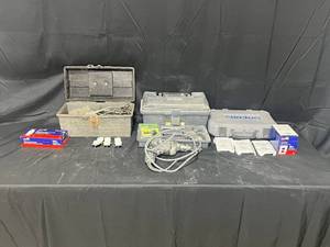 lot 196 image: Electrical Outlets, Outlet Covers, Black and Decker Drill w Saw Hole Attachments, Tool Boxes, and Tool Box of Misc. Hardware Pieces