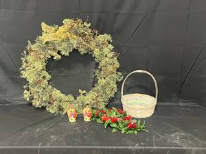 lot 197 image: Christmas Wreath, Two Turkey Candlestick Holders, Holiday Centerpiece and Decorative Basket