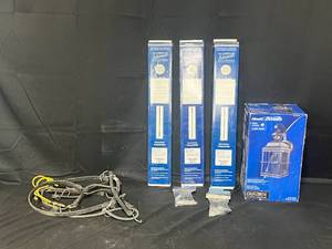 lot 199 image: Aluminum Solution Decorative Balusters and Hardware, Zenith Outdoor Motion Activated Light and a Variety of Bungee Cords