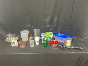 lot 168 image: Pyrex Measuring Cup  Various Glassware  Cups  Mugs  Pans and Tupperware
