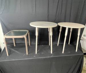 lot 179 image: 2 White Round End Tables  1 Outdoor End Table