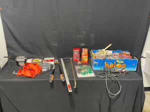 lot 181 image: Box of Grip Rite FasNers Screws  2 Wax bowl Rings  Paint Brushes  Paint Mixer  Heat Gun  Crowbar  Black and Decker Trim Cleaner  Tree and Shrub Fisker  Fram Extra Guard Filters