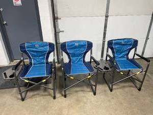 lot 205 image: 3 Blue Timber Ridge FoldingCamping Chairs w Fold Out Side TableCup Holder