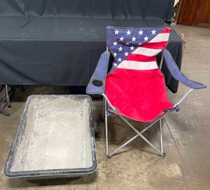 lot 212 image: Concrete Mixing Bin and American Flag Themed Lawn Chair