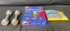 lot 190 image: Two 5 LB Weights  2 Piece Rainsuit  Hanging Folders