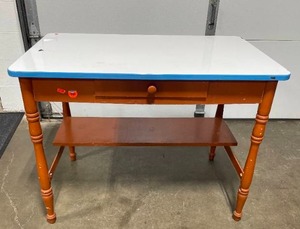 lot 217 image: VTG Wooden Table w White Top, Blue Trim and Medium Brown Legs