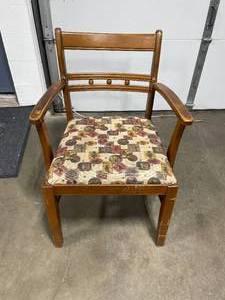 lot 223 image: VTG Wooden Arm Chair w Fun Patterned Cushion