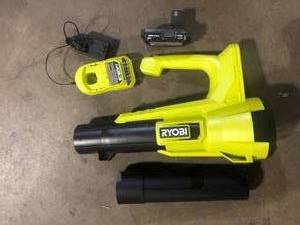 lot 13 image: RYOBI ONE 18V 90 MPH 250 CFM Cordless Battery Leaf BlowerSweeper with 2.0 Ah Battery and Charger Customer Returns See Pictures