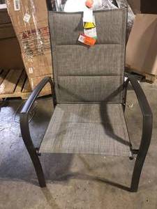 lot 31 image: StyleWell Mix and Match Stationary Stackable Steel Sling Oversized Outdoor Patio Dining Chair in Riverbed Taupe Customer Returns See Pictures