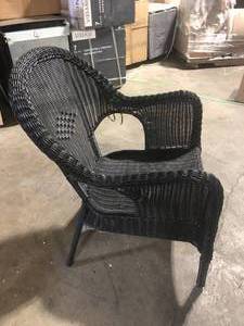 lot 34 image: Hampton Bay Rosemont Stackable Woven Chair Black Finish with Putty Tan Cushion   Customer Returns See Pictures