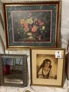 2 Framed & Matted Pictures  & A Silver Framed Mirrorique Mirror.