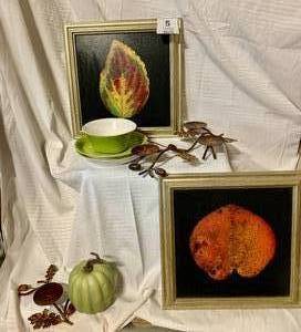 Green Fall Decorations-Two Framed Pictures & Two Metal Candle Holders