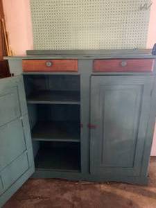 Antique Painted Teal Wood Kitchen Cabinet With Shelves & Two Drawers & Two Doors