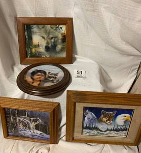 3 Framed Wolf Pictures - Native American Boy With Racoon Limited Collectors Plate