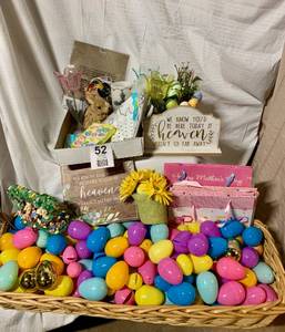 . Large Wicker Basket Filled With Plastic Easter Eggs - Wedding Wish You Were Here Signs - Tulip Candle Holders