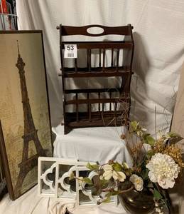 Framed Eiffel Tower Picture - 3 Small Decorative Mirrors - Vintage Wooden Magazine Rack - Pottery With Artificial Floral Displayed In It
