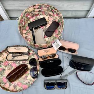 Hat Box Filled With Various Eyeglasses & Glass Cases