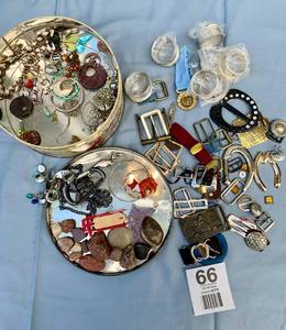 Old Tin Filled With Miscellaneous Buckles - Napkin Rings - Parts & Pieces
