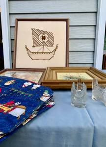 Two Framed Flower Paintings By Michoud-Viking Boat Cross Stitch-2 Glass Doggy Creamers-Santa Print & Placemats
