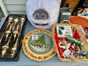 Mixture Of Christmas Items-Abominable Snowman Character Head-Wood Decorative Plate-Ornaments-Group Of Small Figurines For Villages
