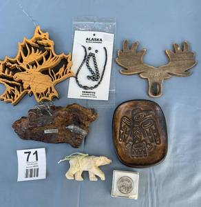 Miscellaneous Alaska Items-Hand Done Haida Eagle-Land Of Midnight Sun Granite Paper Weight-Necklace Set-Wood Leaf Moose Carving-Polar Bear