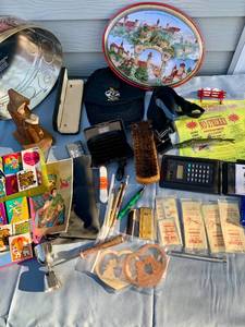 Vintage Germany Large Tin With Miscellaneous Matchboxes (Japan 1966)-Shoe Brush-Wiener Clips-Old Pens-Wood Carved Monk