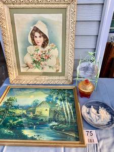 Two Framed Pictures-- Antique Girl Picture & House With Water Wheel Picture-A Green Metal Doll Chair-Kendall Carved Aluminum Tray-A YellowRed Candy Dish-Incolay Of CA Plate