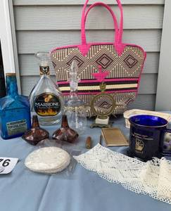 Woven pink bag w Contents-Syrup Bottle-Legion Cup-Homemade Lace-ETC