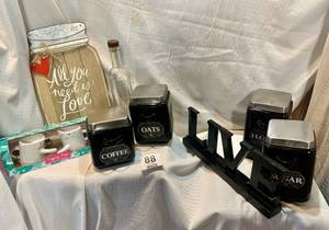Black Set Of Four Canisters-Live Sign-2 Hugging Cups-All You Need Is Love Sign