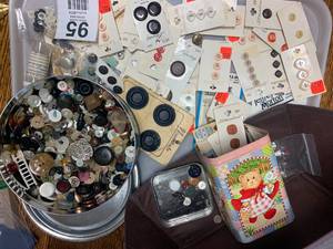 Brown Bin Of Vintage Sewing Buttons-Two Tins Full & Many On Original Cards