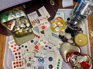 Brown Bin Of Vintage Sewing Buttons-(2 Old Tins, Folgers Jar-Buckles-& Buttons On Cards)