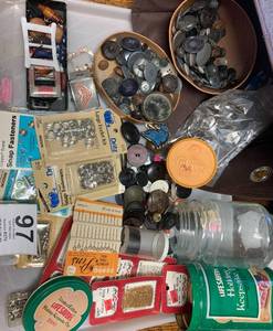 Brown Bin Vintage Sewing Buttons--Lots Of Vintage Buttons-Snap Fasteners--Vintage Tin With Pins-Beads-Buckles
