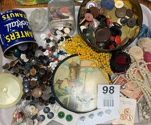Vintage Sewing Buttons--(Old Dutch Tin-Planters Peanuts Can With Buttons-Glass Jar Of Buttons & Beads)