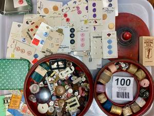 Antique Sewing Tin With Miscellaneous Buttons, Threads, Mending Silk Kit, Needles, Etc.