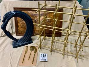 Haeger Art Novo statue, Wine rack, Copper Last supper, Brass cheese knife  set