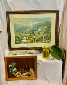 VTG framed Wagon trail print, Still life painting original, metal pitcher, green tray, &  bird trays
