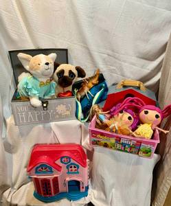 Lots of MIX TOYS Barbies, stuffed animals,, plastic animals, doll  house, wood barn (hinge needs fixing)