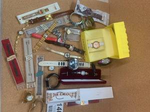 Group of Wrist Watches Box of bands, watches, Timex, Armitron, Why Me.  Invictica, Charles Raymond, phone watchband, JSGJM,  Dousseau