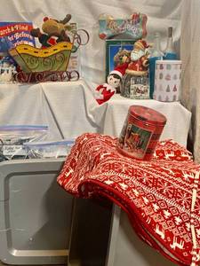 Grey Bin Christmas Items Sleigh, working lights, Elf on Shelf, Snowmen, MIX  Tree skirt