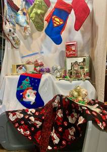 Grey bin Christmas MIX Waltons Old Building, Lots of Xmas socks, Coke  tree skirt, lots of bulbs, ornaments