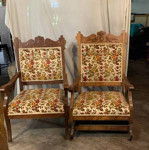 2 Antique Padded Chairs One Rocker front metal wheels Unique carved wood