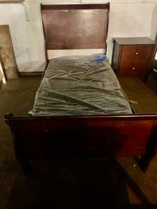 Twin Sleigh Bed w New Box Spring some writing on side rail,  scratches