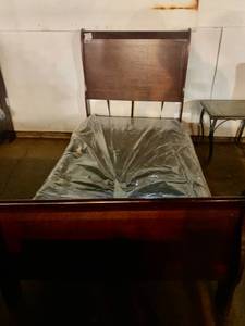 Twin Sleigh Bed w New Box Spring some writing on side rail, scratches