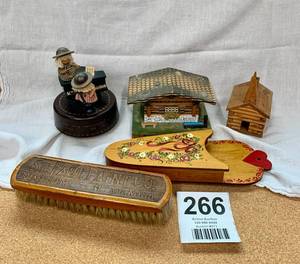 4 Wood Items Music Box Humming  Swiss Cabin Edelweiss Musical, Sm Wood Church, St. Paul Paint Co. Shoe brush