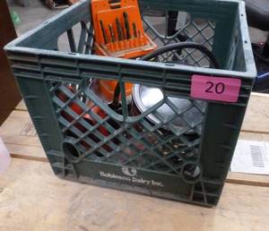 Milk crate of misc items, jack, grease gun, router bits