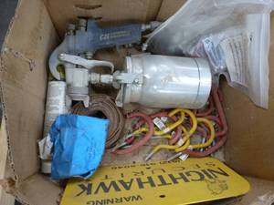 Box of misc items, paint sprayer, garage hooks, and more