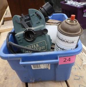 Small tote of items including a Drill Doctor