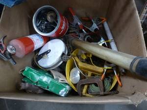 Box of misc items, light, clamps, hose reel, fire extinguisher, and more