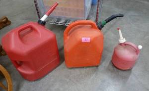 3 gas cans, 6 gal, 5 gal, 1 gal