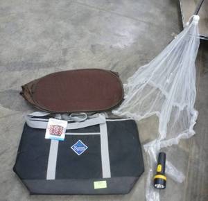 Mesh backrest, insulated cold storage bag, picnic food tent to keep the bugs out, flashlight